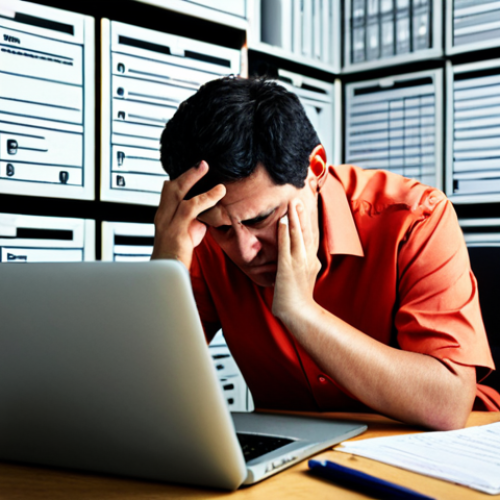 Home 15 A stressed adult entrepreneur, wearing a modest business casual shirt and trousers, sitting at a cluttered desk in a home office. Their laptop screen displays a complex, confusing digital government form with many small fields and text. Stacks of physical papers are piled next to the laptop. The entrepreneur looks overwhelmed and frustrated, their hand gently touching their forehead. The scene captures the feeling of navigating a digital bureaucratic maze. Fully clothed, appropriate attire, professional dress, perfect anatomy, correct proportions, natural pose, well-formed hands, proper finger count, natural body proportions, safe for work, appropriate content, professional, family-friendly, high-quality photograph.