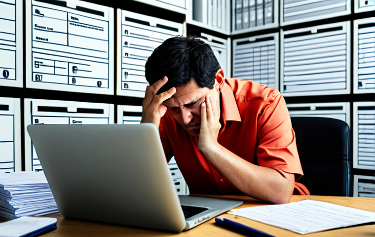 A stressed adult entrepreneur, wearing a modest business casual shirt and trousers, sitting at a cluttered desk in a home office. Their laptop screen displays a complex, confusing digital government form with many small fields and text. Stacks of physical papers are piled next to the laptop. The entrepreneur looks overwhelmed and frustrated, their hand gently touching their forehead. The scene captures the feeling of navigating a digital bureaucratic maze. Fully clothed, appropriate attire, professional dress, perfect anatomy, correct proportions, natural pose, well-formed hands, proper finger count, natural body proportions, safe for work, appropriate content, professional, family-friendly, high-quality photograph.