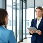 A highly professional female government official, dressed in a modest business suit, stands in a brightly lit, modern government office. She is attentively assisting a citizen, respectfully explaining a document on a digital tablet screen. The background features a clean, contemporary office design with large windows, subtle digital displays, and a plant, suggesting an open and efficient environment. The scene emphasizes seamless digital interaction and citizen-focused service, with a focus on trust and clear communication. The lighting is bright and natural. Safe for work, appropriate content, fully clothed, professional, modest, family-friendly, perfect anatomy, correct proportions, natural pose, well-formed hands, proper finger count, natural body proportions, professional photography, high quality, ultra-detailed.