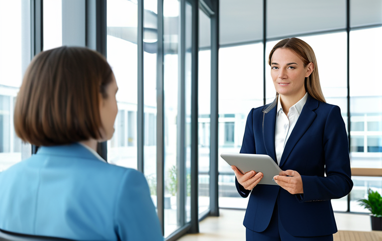 A highly professional female government official, dressed in a modest business suit, stands in a brightly lit, modern government office. She is attentively assisting a citizen, respectfully explaining a document on a digital tablet screen. The background features a clean, contemporary office design with large windows, subtle digital displays, and a plant, suggesting an open and efficient environment. The scene emphasizes seamless digital interaction and citizen-focused service, with a focus on trust and clear communication. The lighting is bright and natural. Safe for work, appropriate content, fully clothed, professional, modest, family-friendly, perfect anatomy, correct proportions, natural pose, well-formed hands, proper finger count, natural body proportions, professional photography, high quality, ultra-detailed.